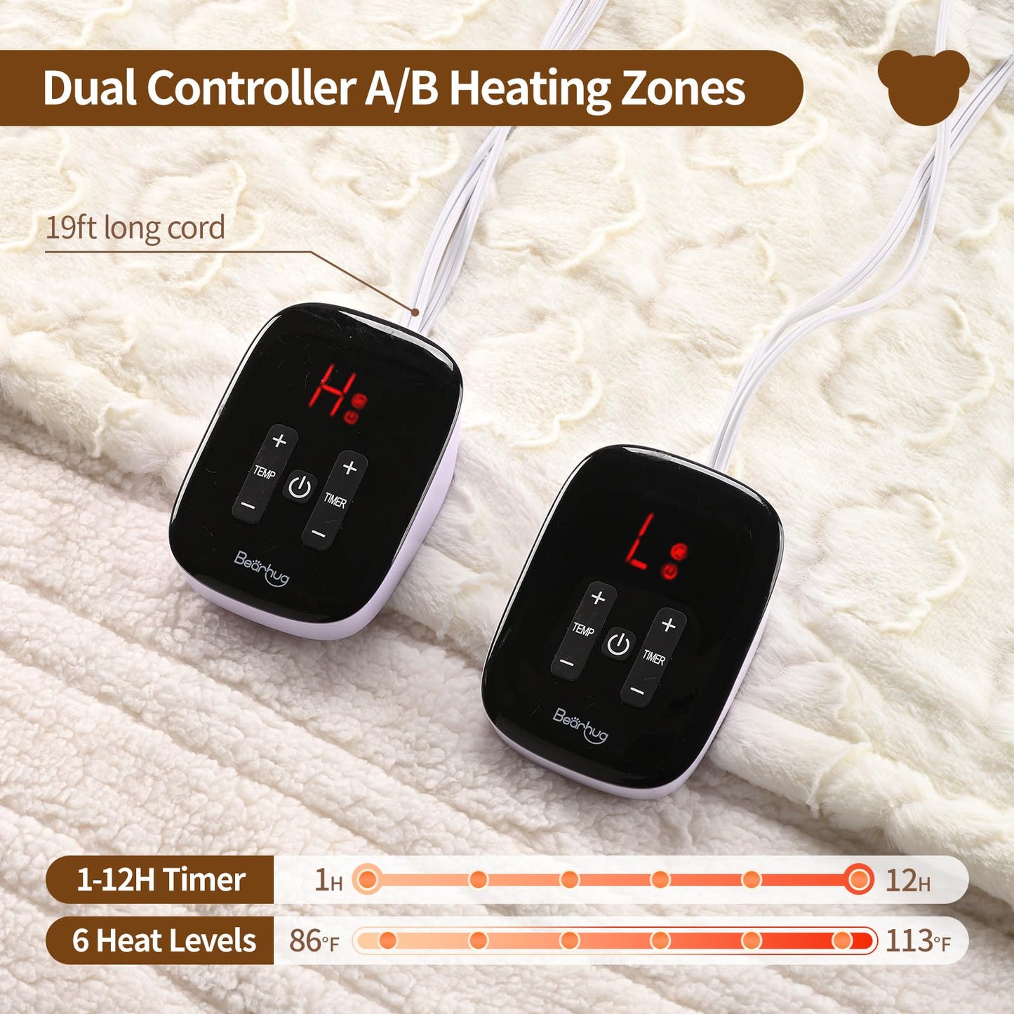 Bearhug Electric Blanket King Size 100" x 90", Dual Controller Heated Blanket, White Flower Patterns Faux Fur & Warm Sherpa, 10-Heat Levels & 1-12H Auto Off,ETL, Machine Washable