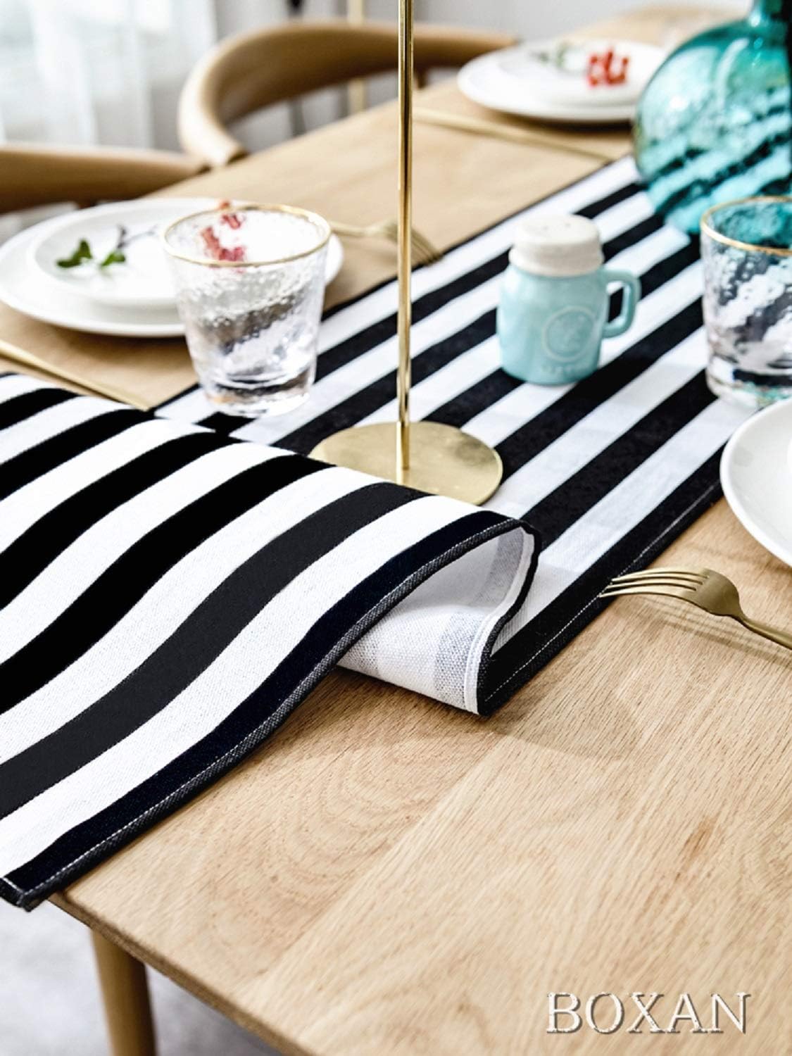BOXAN Classic Black and White Striped Table Runner - 12'' X 48'' Elegant Cotton Canvas Decor for Wedding Party