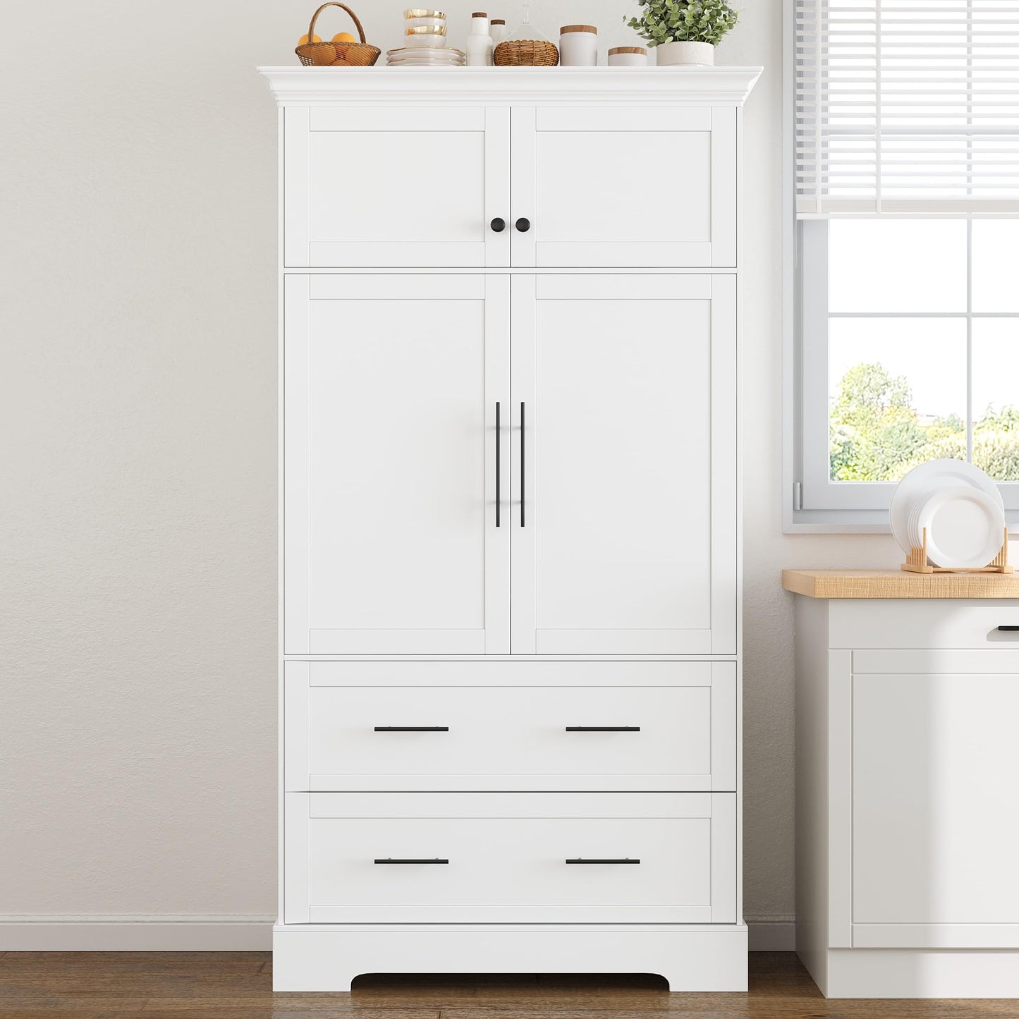 Merax 72.6" Farmhouse Kitchen Pantry Cabinet with Pull-Out Trays & Drawers, Freestanding Pantry with Cake Pan Storage, 4-Door Shaker Style Storage Cabinet, 40" L x 18" W, White