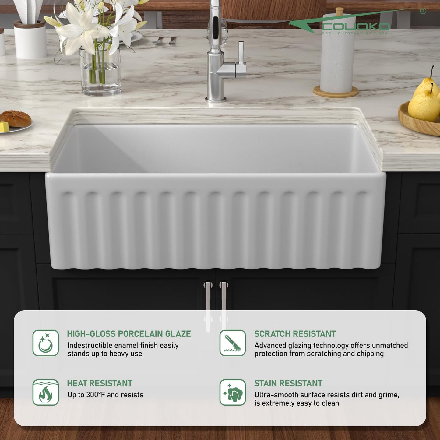 Couoko White Farmhouse Sink 33 Inch Fireclay Reversible Apron Front Farm Sink 33"x18"x10" Glossy White Porcelain Farms House Style Single Bowl Farmhoues kitchen Sinks with Luxury Accessories