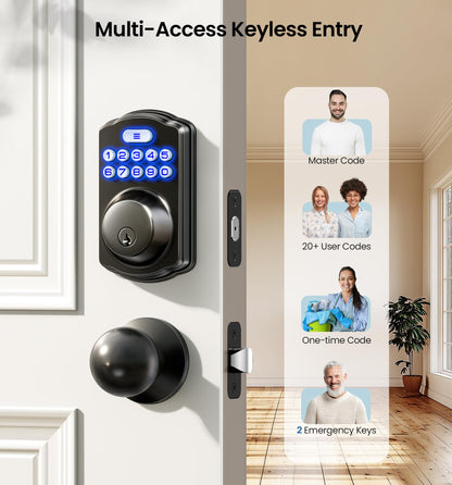 Veise Keyless Entry Door Lock with 2 Knobs, Electronic Backlit Keypad Deadbolt with Handle Set, Auto Lock, One-time Codes, Smart Deadbolt for Front Door, Easy Installation, Matte Black