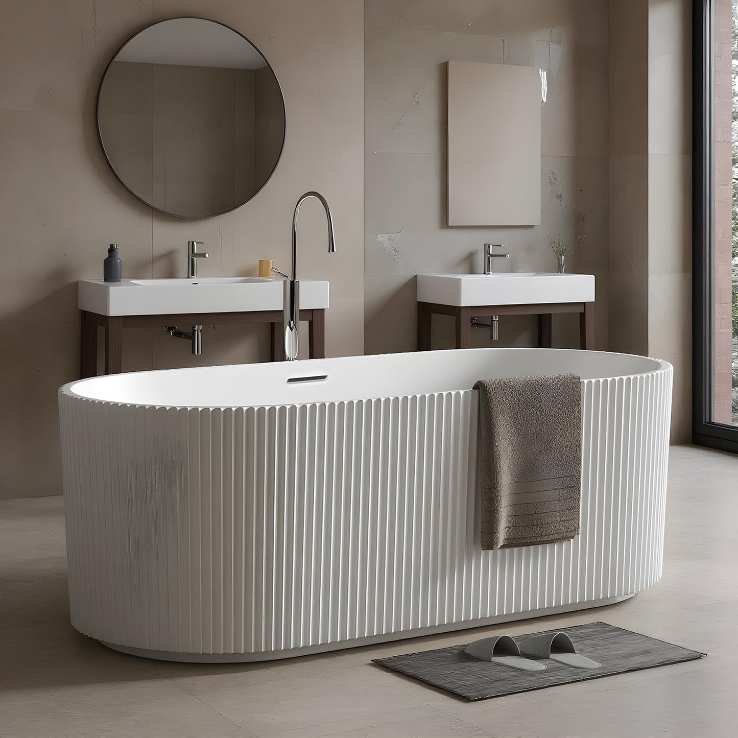 59" Free Standing Tub, Acrylic Soaking Bathtub, Stand Alone Freestanding Tub with Matte Sliver Drain and Overflow, Contemporary Bathtub for Bathroom, Pleated Gloss White