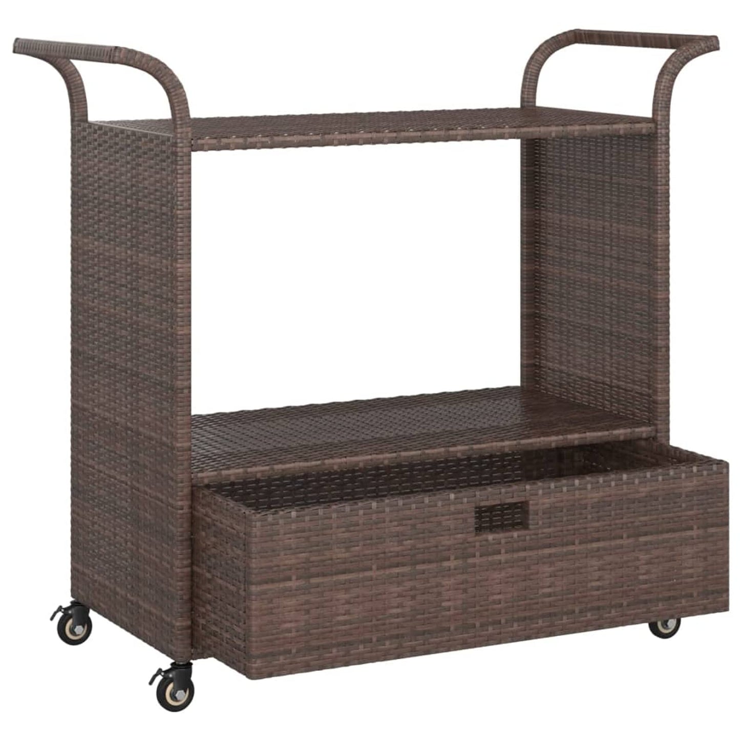 Gecheer Bar Cart with Drawer – Brown Poly Rattan Serving Trolley, 39.4 x 17.7 x 38.2 Inches, Weatherproof, Locking Casters, Sturdy Steel Frame