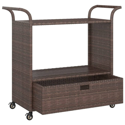 Gecheer Bar Cart with Drawer – Brown Poly Rattan Serving Trolley, 39.4 x 17.7 x 38.2 Inches, Weatherproof, Locking Casters, Sturdy Steel Frame
