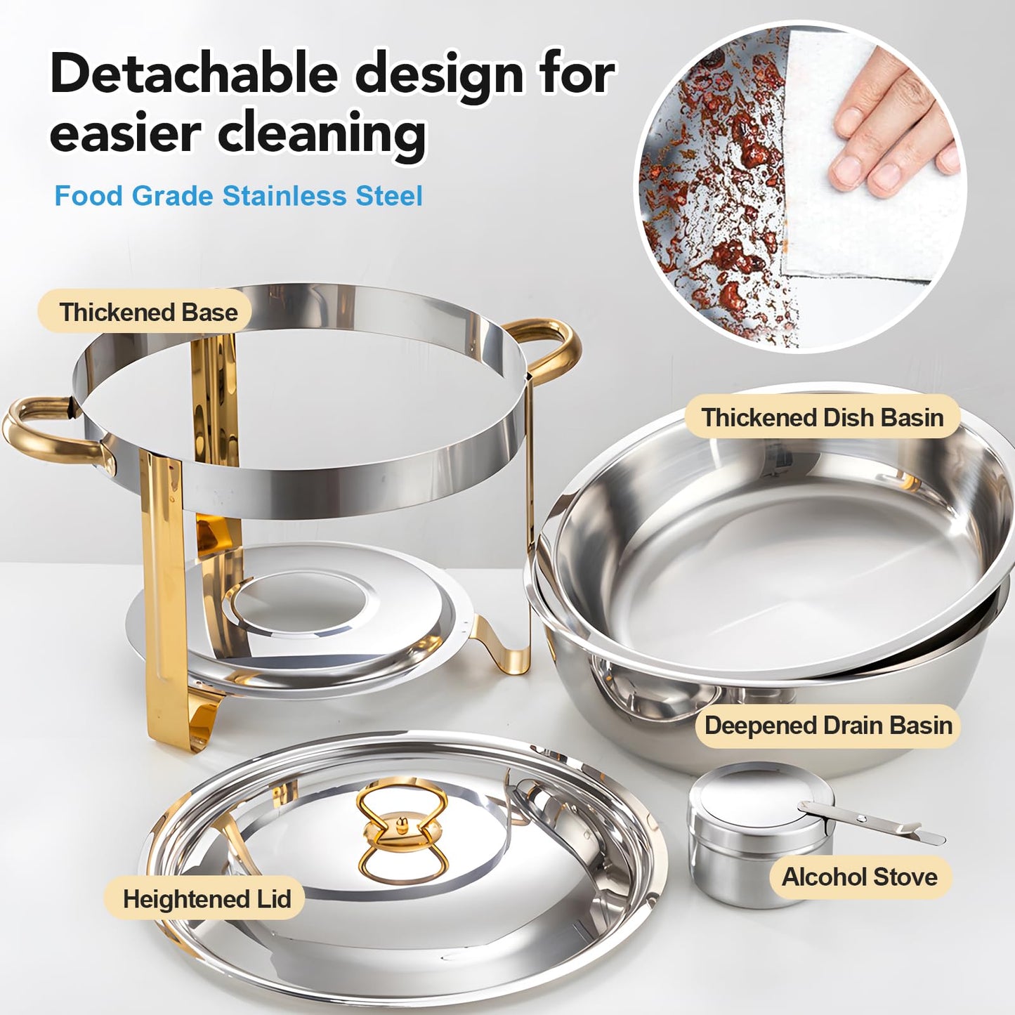 Round Chafing Dish Buffet Set of 4, Stainless Steel Food Warmers with Lids and Fuel Holders, Catering Chafer Serving Set for Banquets, Parties, Events(D)