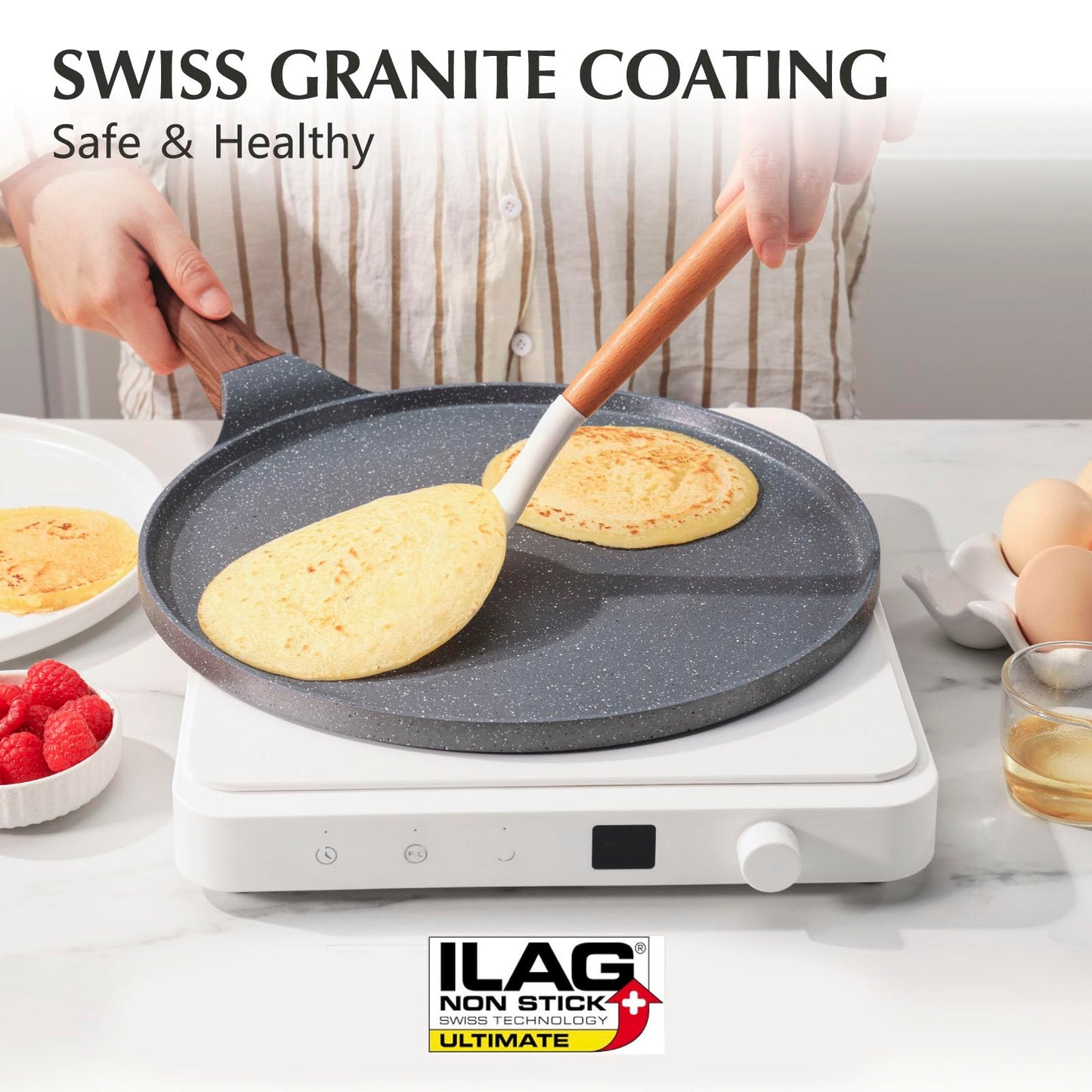 SENSARTE Nonstick Crepe Pan, Swiss Granite Coating Dosa Pan Pancake Flat Skillet Tawa Griddle 12-Inch with Stay-Cool Handle, Induction Compatible