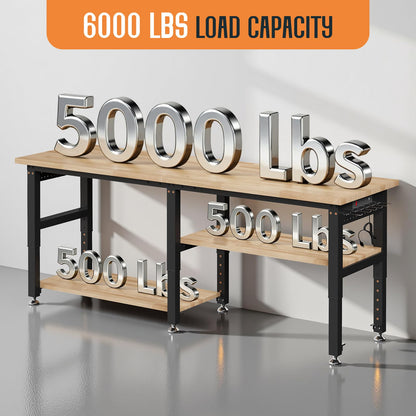 SPECRAFT 84"x24" 2-Tier Adjustable Workbench with 4 AC Outlet and 2 USB Ports Power Outlets, 6000 Lbs Capacity Heavy Duty Workbench, Rubber Wood Top for Garage, Workshop, Office