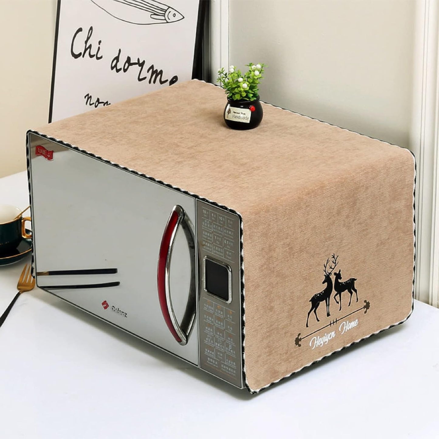 Microwave Oven Cover, Waterproof Cotton Linen Dust Protector, Decorative Kitchen Appliance Cover (Deer - Khaki)