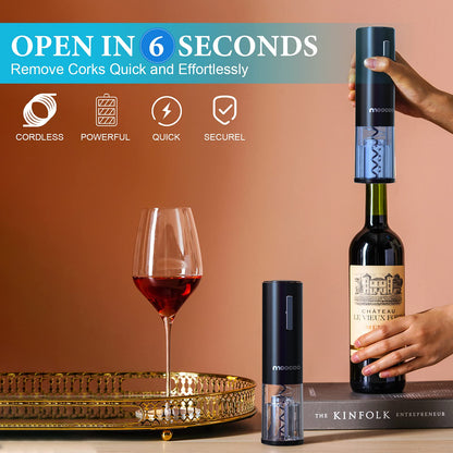 Moocoo Electric Wine Opener with Charging Base, Cordless Electric Wine Bottle Opener with 2-in-1 Aerator &Pourer, Foil Cutter, 2 Vacuum Preservation Stoppers, Display Charging Station for Easy Storage
