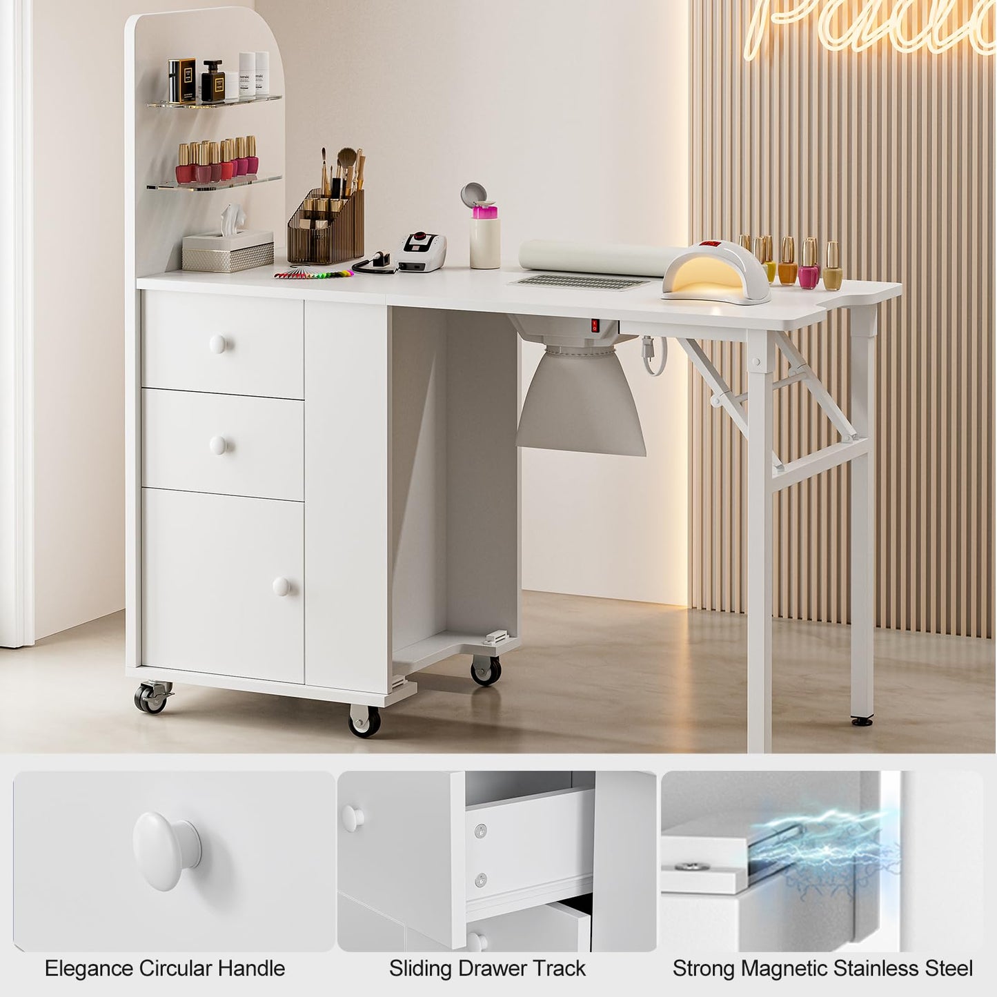 Belandi Foldable Nail Desk Manicure Table, Folding Nail Table Station for Nail Tech w/Dust Collector, 2 Open Shelves & 2 Drawers, Foldable Manicure Desk w/Wrist Cushion, Lockable Wheels