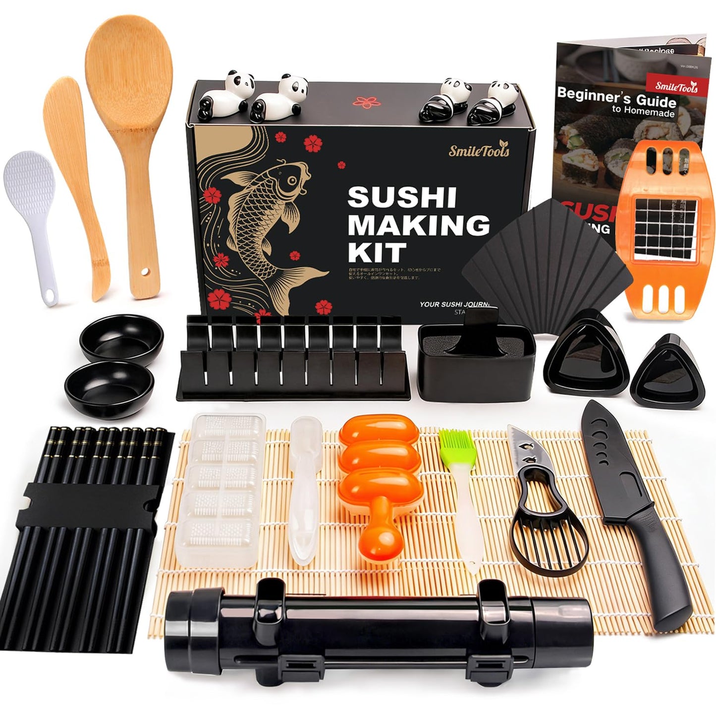 SmileTools Sushi Making Kit, 30 in 1 Sushi Kit with Sushi Roller, Sushi Maker Bazooka, Triangle Onigiri Mold, Musubi Press Mold, Rice Ball Mold & More
