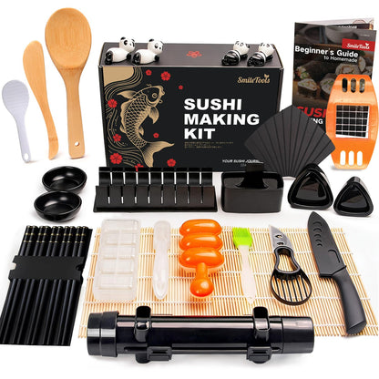 SmileTools Sushi Making Kit, 30 in 1 Sushi Kit with Sushi Roller, Sushi Maker Bazooka, Triangle Onigiri Mold, Musubi Press Mold, Rice Ball Mold & More