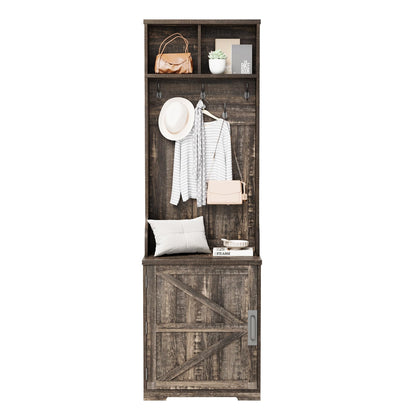IDEALHOUSE Farmhouse Narrow Coat Rack with Shoe Storage, 23.6" Small Hall Tree with Bench, Entryway Coat Rack with 5 Hooks, 2 Cubbies & 1 Barn Door Cabinet for Entryway, Hallway, Mudroom, White/Brown