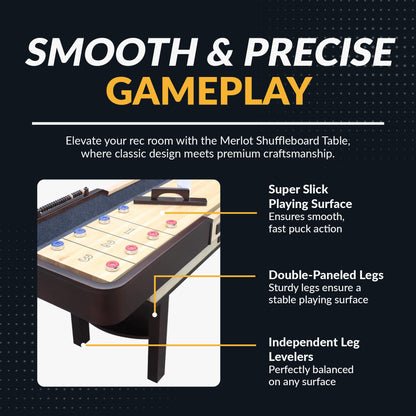 Hathaway Merlot 12 Foot Shuffleboard Table for Family Game Room - with Lacquer Coated Playfield, Built-in Scorer and Cabinet, Climate Adjusters, Leg Levelers, 8 Pucks, Brush, and Wax - Espresso Finish