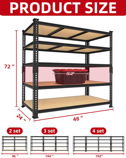 PrimeZone Heavy Duty Garage Storage Shelves - 48" W X 24" D X 72" H Adjustable Metal Shelving Unit, 5 Tier Industrial Shelves for Storage Standing Utility Rack for Warehouse, Basement, Black, 2 Pack