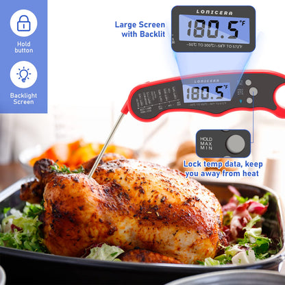 Lonicera Digital Thermometer for Cooking Food and Meat. Waterproof & Instant Read for Kitchen Baking, BBQ. with Foldable Probe, Backlight & Calibration (Red)