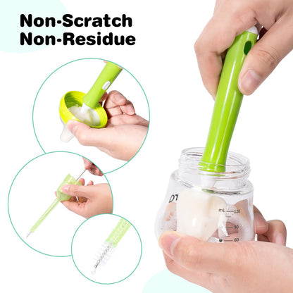 Baby Bottle Brush with One Base Hidden Nylon Nipple Cleaner, Stand Suction Cup,2 Pack Straw Brushes,1 Pack Sponge Nipple,1 Piece Replacement Head, Green