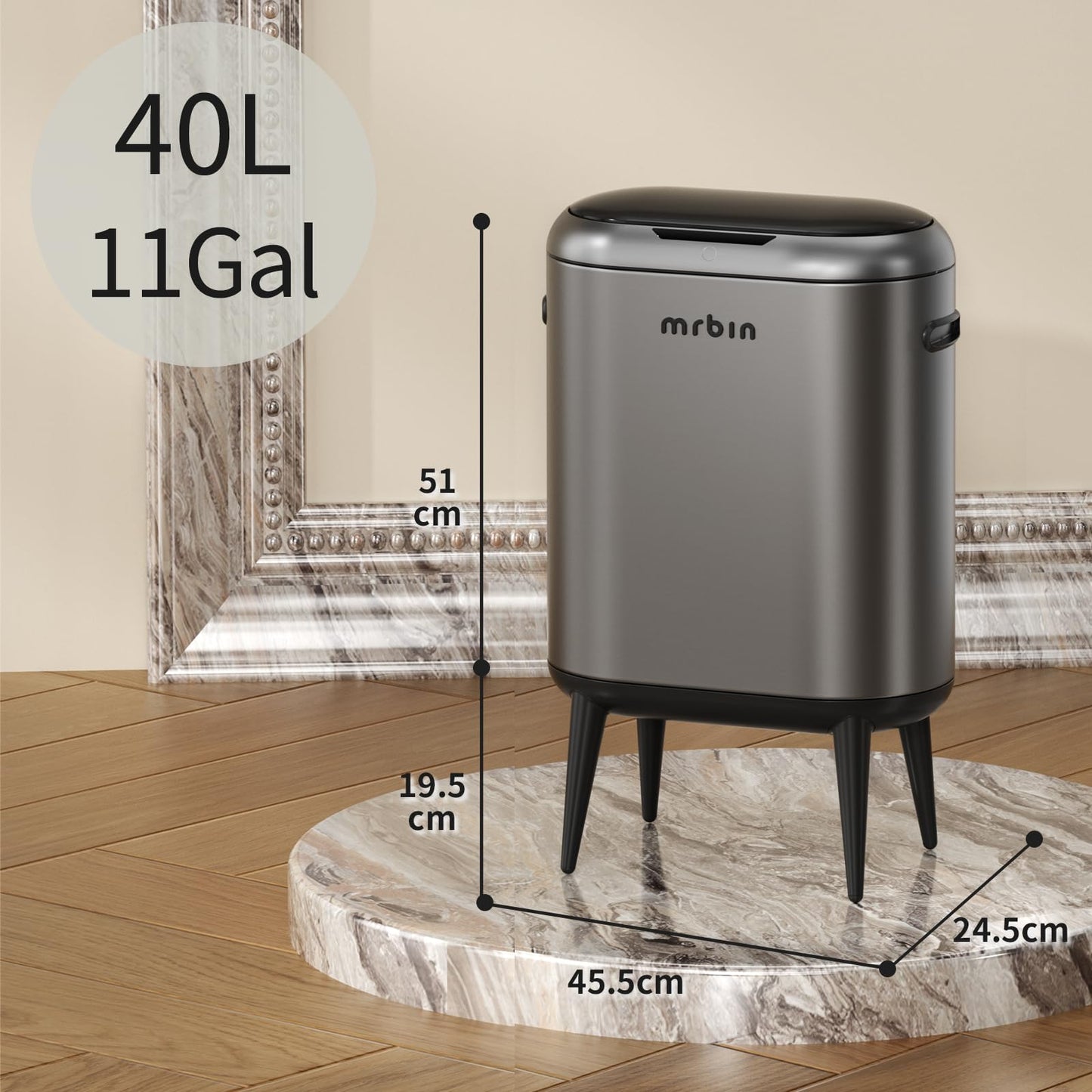 MRBIN 40L/11Gal Slim Sensor Trash Can with Legs, Touchless Motion Sensor Garbage Bin,Side Handles, Narrow Automatic Waste Basket for Kitchen, Living Room, Bedroom, Eclipse Grey