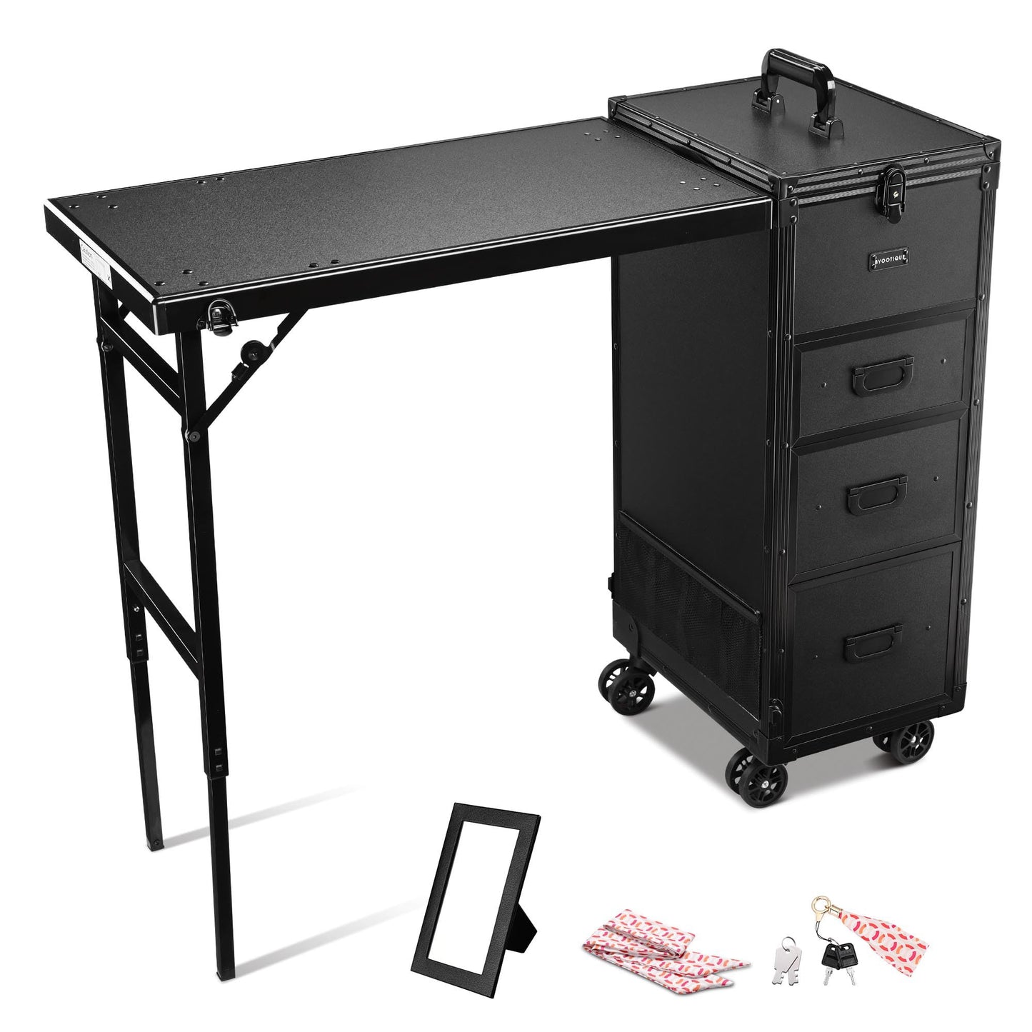 BYOOTIQUE Black Portable Nail Station with Storage Two-Way Removable Tabletop Foldable Manicure Desk Station on Wheels for Makeup Artisr Manicurist Beauty Salon Esthetician Barbershop Hairstylist