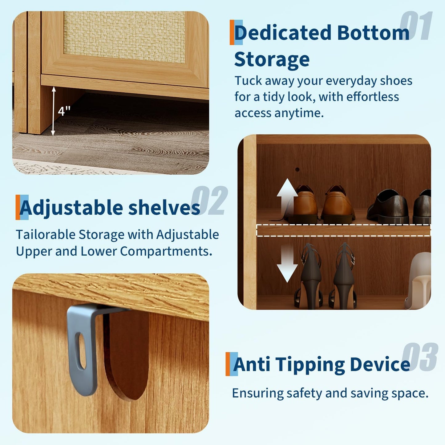 MERXENG Rattan Shoe Cabinet for Entryway, Wooden Shoe Storage Cabinet with Adjustable Shelves, Freestanding Shoe Rack with Guardrail Top for Hallway & Living Room, Dark Oak