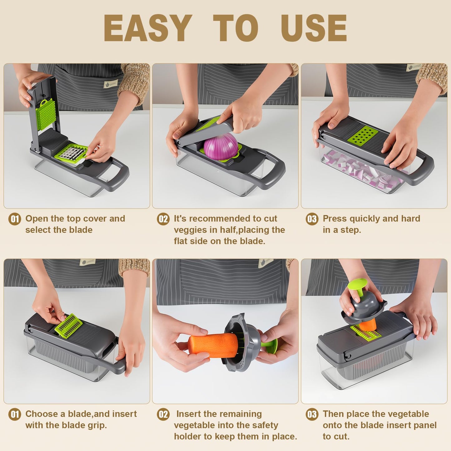 8 Blade All-in-1 Vegetable Chopper Mandoline Slicer with Container,Veggie Cutter for Salad, Onion Chopper,Food Chopper, Includes Egg Separator & Vegetable Peeler, Kitchen Gadgets Essentials, Gray