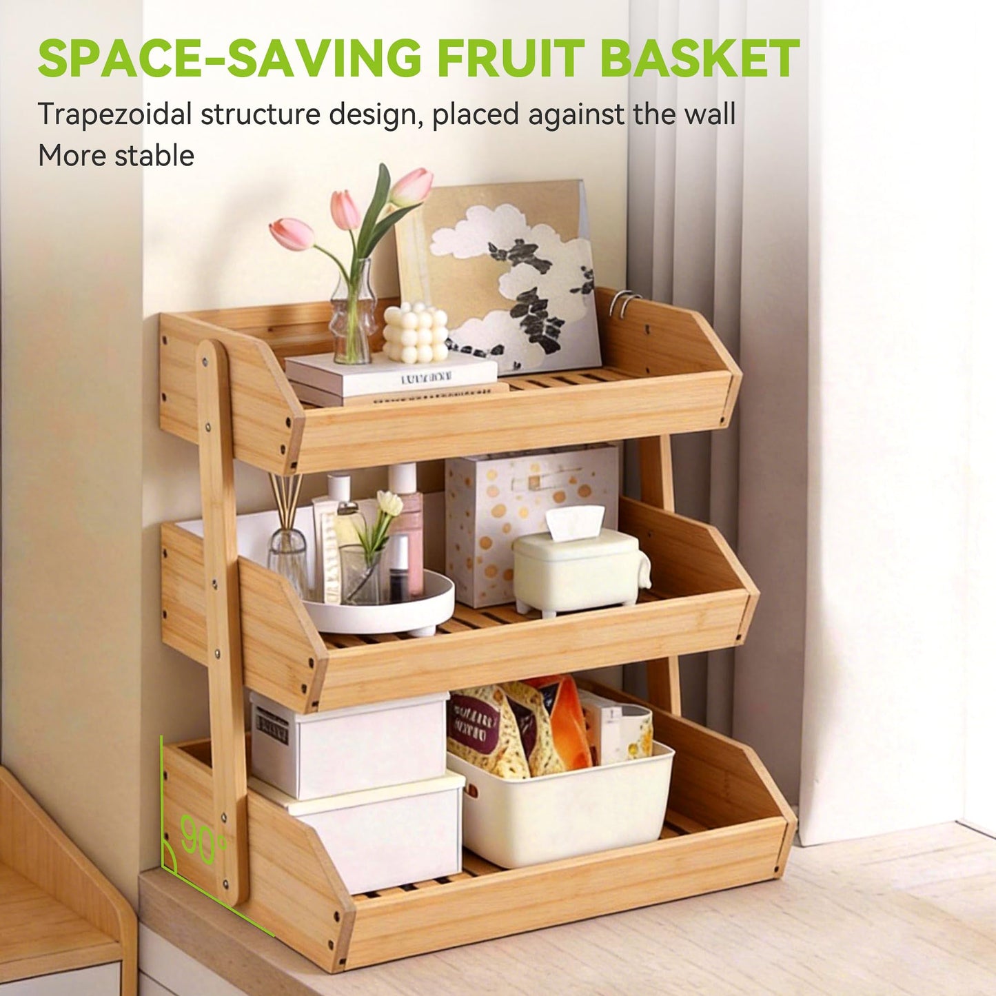Fyvva Bamboo Fruit Basket, 3-Tier Fruit Basket for Kitchen Counter, Large Fruit Bowl with 2 Banana Hangers for Storing Fruit, Vegetables, and Organising Snacks, Bread (Natural)