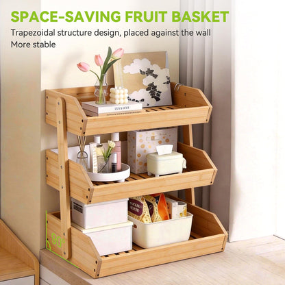 Fyvva Bamboo Fruit Basket, 3-Tier Fruit Basket for Kitchen Counter, Large Fruit Bowl with 2 Banana Hangers for Storing Fruit, Vegetables, and Organising Snacks, Bread (Natural)