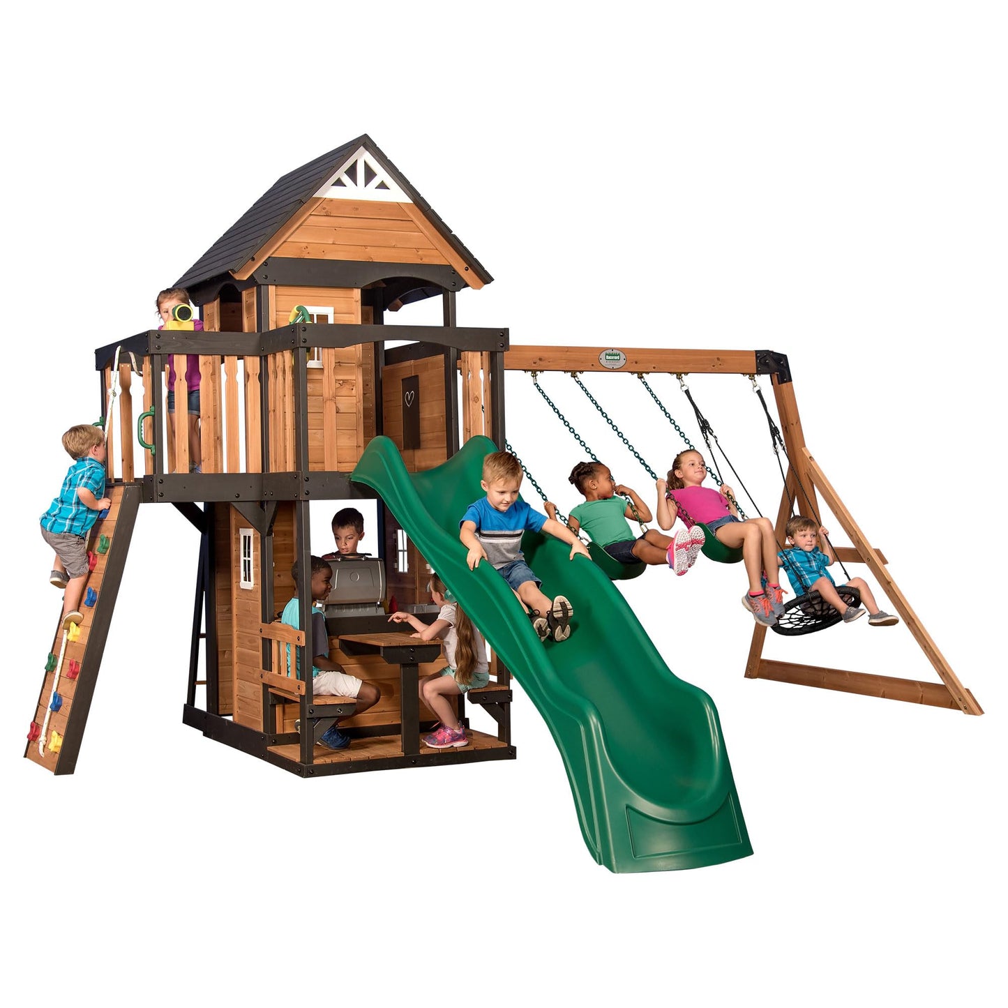 Backyard Discovery Canyon Creek Cedar Wood Swing Set with Wave Slide, Clubhouse, Play Kitchen, Picnic Area, Belt Swings, Web Swing, Rock Wall, Balconies, Playhouse, Step Ladder, Outdoor Playset
