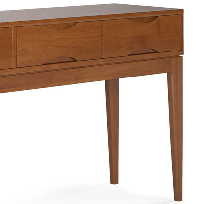 SIMPLIHOME Harper Console Table - 54 Inch Wide Solid Hardwood Sofa Table in Teak Brown, Mid-Century Modern Storage Table for Entryway or Living Room with 3 Drawers, Notched Handles, and Tapered Legs