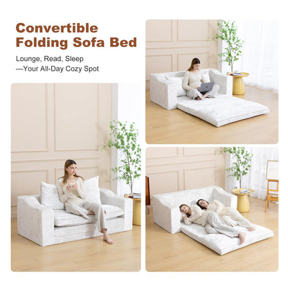 61" Convertible Sofa Bed Loveseat, Memory Foam Boneless Floor Couch with Removable Plush Velvet Cover, Tri-folding Compact Full-size Sleeper for Small Living Room, Playroom, Guest Room, RV (Off White)