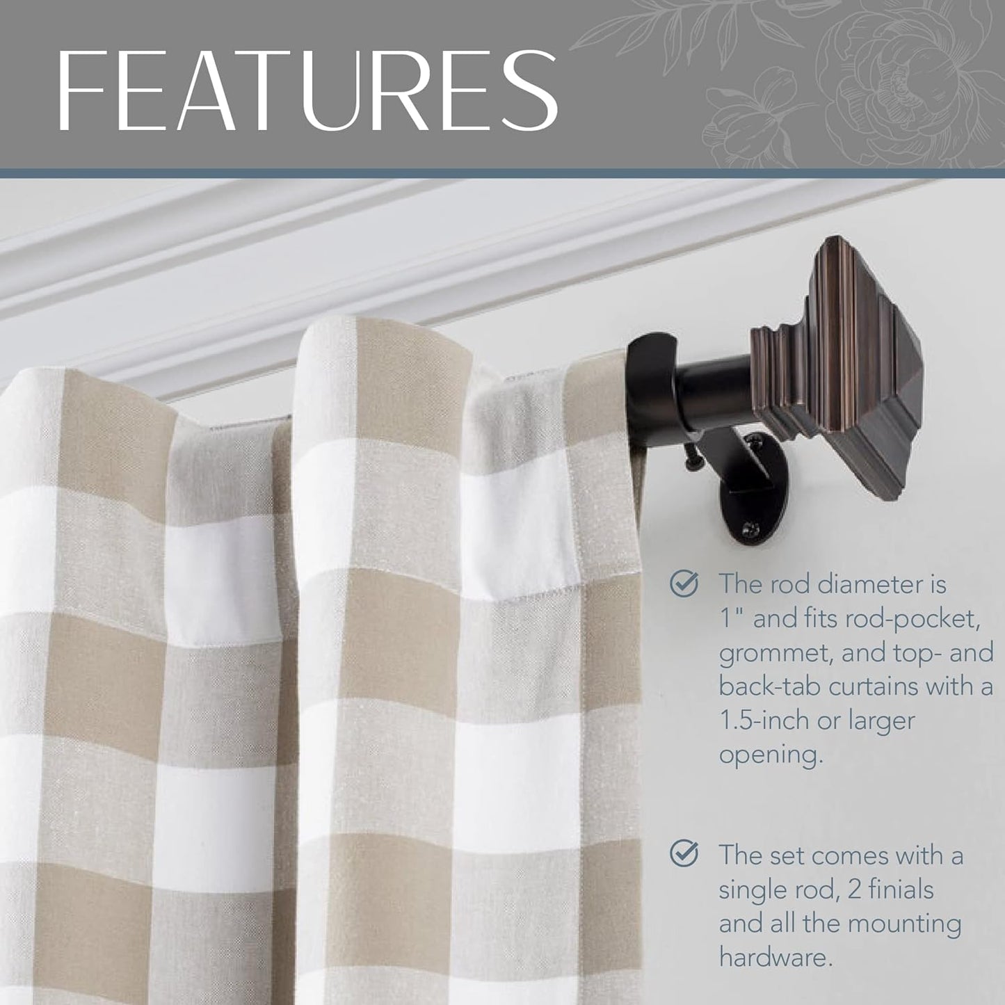 Elrene Home Fashions Florence Single Curtain Rod - Stacked Square Finials, 1" Diameter, Antique Bronze