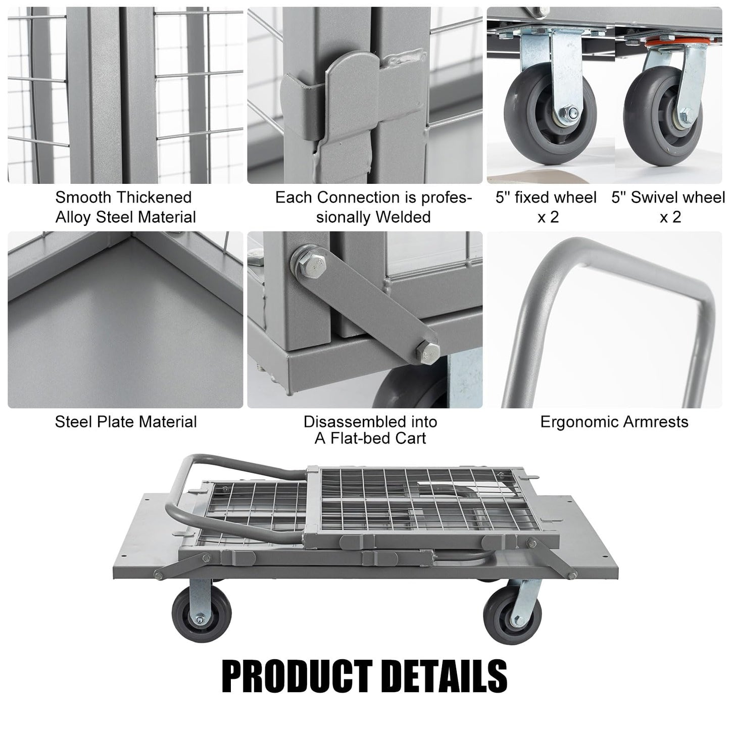 SmarketBuy Platform Truck Cart with Cage, 5 in 1 Heavy Duty Platform Carts with Cage 2000 LBS Capacity Foldable Push Cart Dolly with 5" Casters for Groceries/Garage/Warehouse