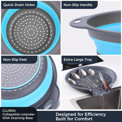 Cluren Collapsible Colander Set with Oversized Draining Tray | 3-Pack Foldable Kitchen Strainers + Base | Space Saving for Pasta, Veggies, Fruit & Rice | 5 Colors (Gray-Blue)