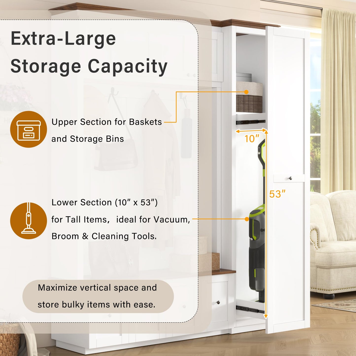 Merax 78.7''H Hall Tree with Storage Bench, Modern Entryway Bench with Coat Rack, 5-in-1 Hall Tree with Cabinets, Drawers & Hooks for Hallway, Entryway, Living Room, Mudroom, White
