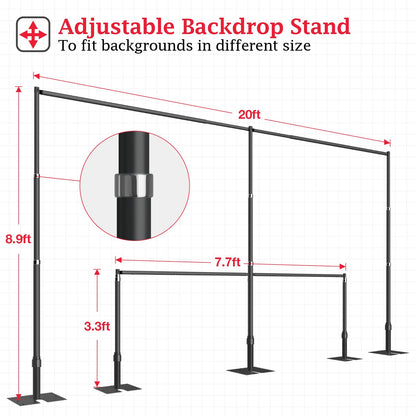 EMART Backdrop Stand Heavy Duty 8.9ftx20ft, Adjustable Pipe and Drape Photo Background Support Kit, Metal Frame with Flat Base for Wedding Birthday Party Banquet Decorations-Black