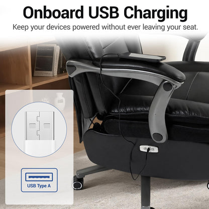WENTUM Electric Office Chair with USB Charging, 420lbs PU Leather Power Executive Recliner w/Footrest, High Back Ergonomic PC Chair for Home Office Gaming Boss Room, Black