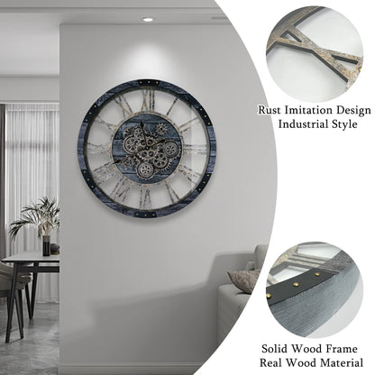 TOPPTIK 36 Inch Moving Gear Wall Clock, Oversized Wall Clocks, Clock Living Room Decor, Solid Wood Frame, Battery Operated, Large Wall Clock with Steampunk Industrial for Fireplace(Gray)