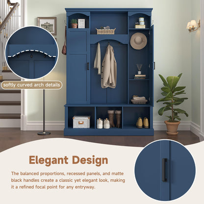 Modern Farmhouse Hall Tree with Adjustable Shelves & 7 Hooks, All-in-One Entryway Organizer, Shoe Cabinet & Storage Bench for Mudroom, Hallway, Classic Arched Design, Dual Side Cabinets (Blue Style6)