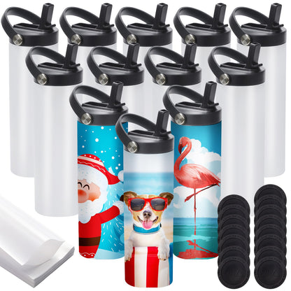 12 Pack Sublimation Tumblers Flat Edge Blanks Skinny Straight 20 oz, Stainless Steel Double Wall Insulated Sublimation Water Bottles with Portable Handle & Straw Lids for Heat Transfer, White