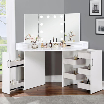 Furniture of America Sebastian Glam Solid Wood Vanity Set, Include Multiple Drawers Table and Mirror with 10 Bulbs for Bedroom, Dressing Room, Bathroom, Guest Room, White