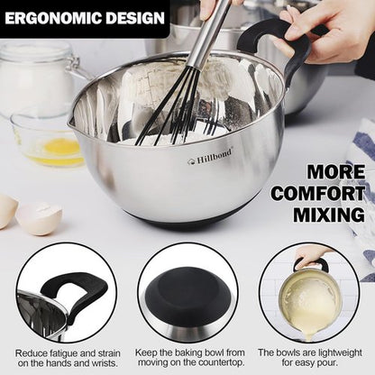 Hillbond Stainless Steel Mixing Bowls Set - 3 Bowls with Lids, Pour Spout & Non-Slip Bottoms | Black