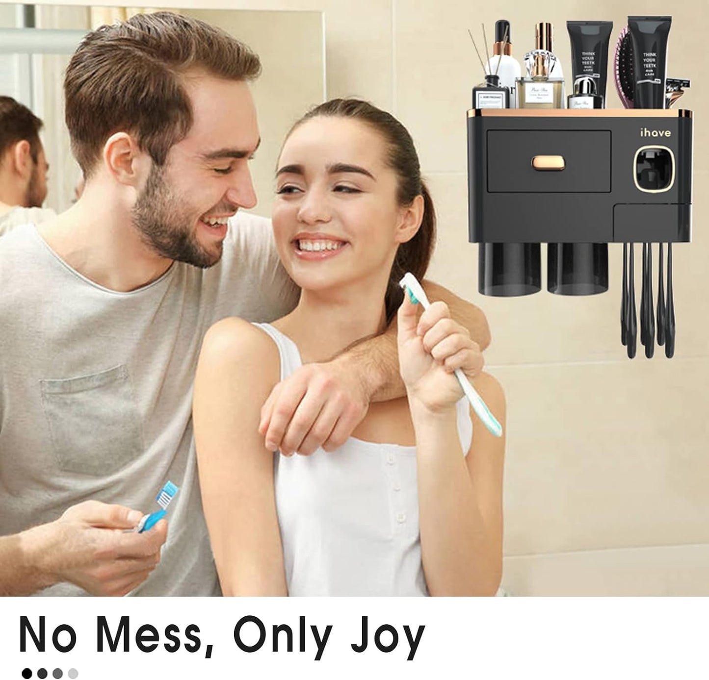 2 iHave Toothbrush Holders Wall Mounted with Toothpaste Dispenser & Cups - Luxury Black and Gold Design for Bathroom