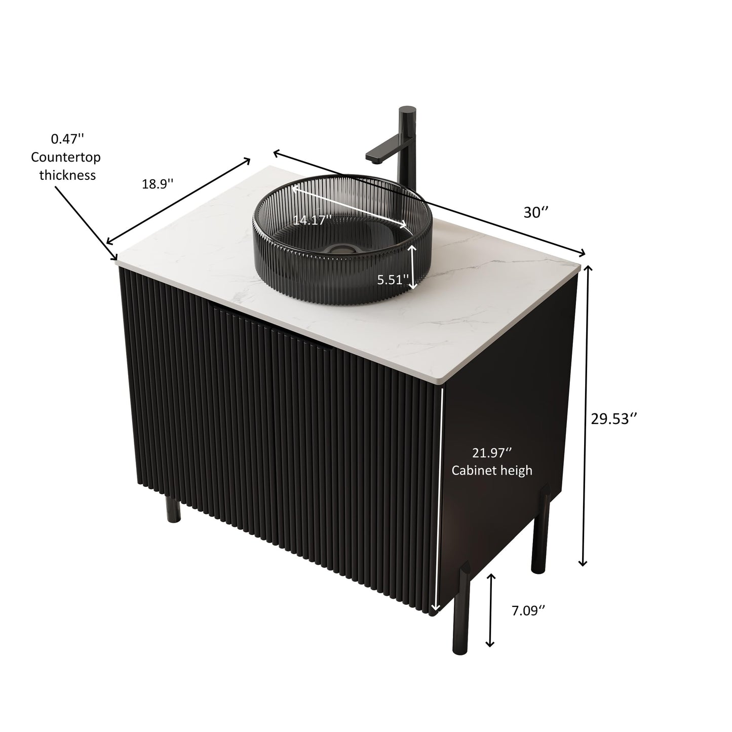 GDFStudio 30" Freestanding Bathroom Vanity with Sink, Turio Black Storage Cabinet with Double Doors, Carrara White Sintered Stone Countertop, Soft Close System, Modern Black Round Glass Basin