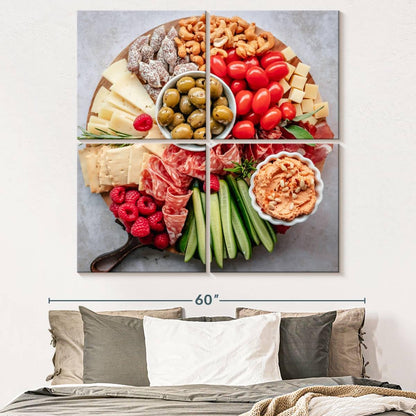 ElephantStock - Charcuterie Board Wall Art - Square Multi Panel Canvas - 4 Piece Dining Room Wall Decor - Photography Food And Drink Multi Piece Wall Art - Brown And Gray Decor - 50" x 50"