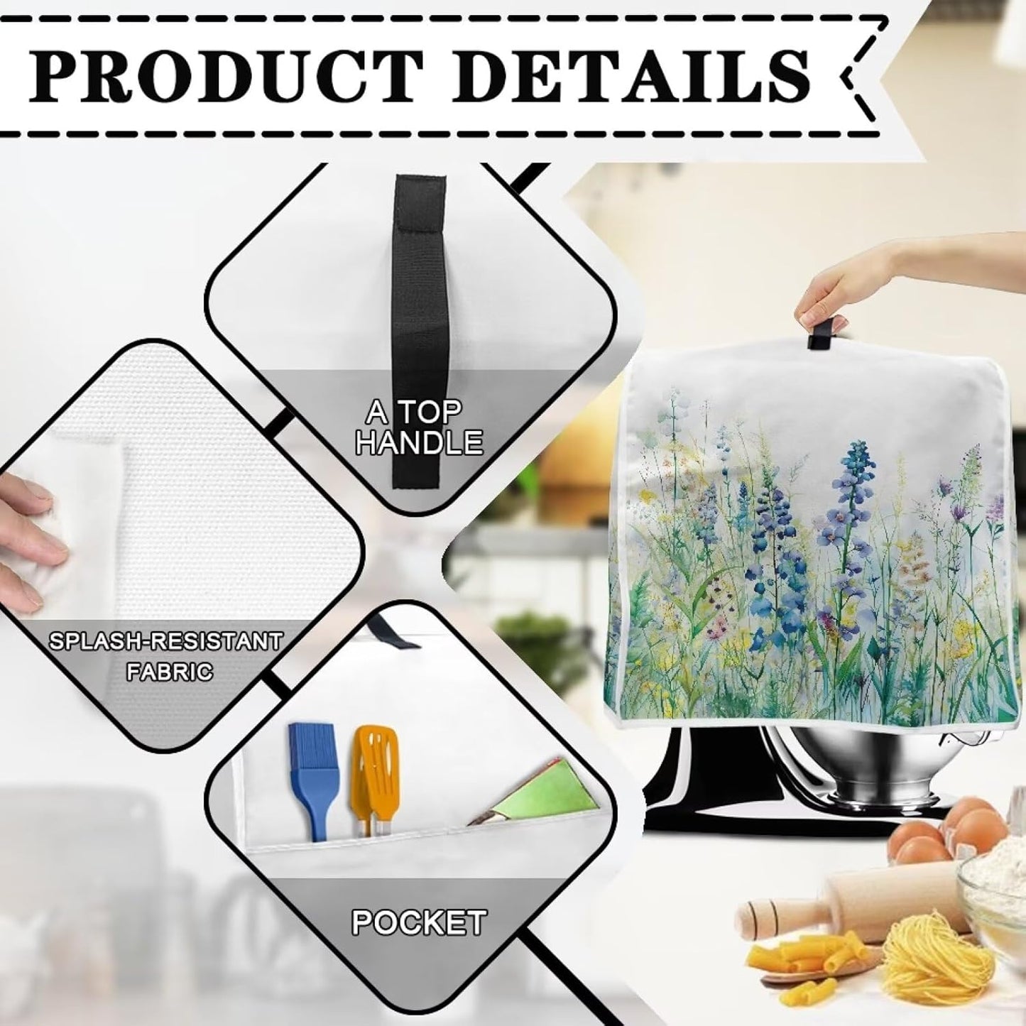 Dust Cover, Blue Green Floral for Tilt Head 4.5-5 Quart Kitchen Stand Mixer & Extra Accessories, Easy to Clean
