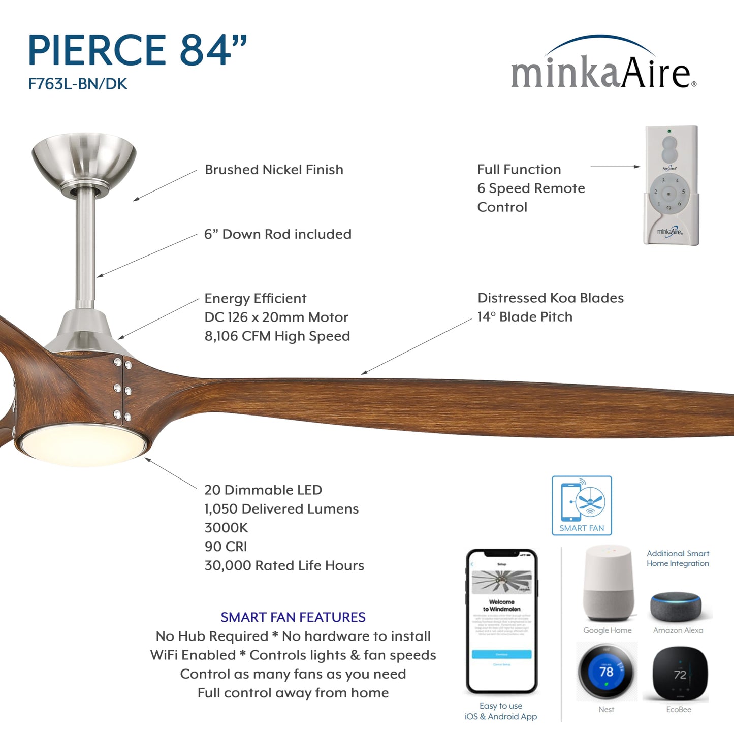 MINKA-AIRE F763L-BN/DK Pierce 84" 3-Blade LED Smart Ceiling Fan - Brushed Nickel and Distressed Koa Finish Blades with Etched Lens