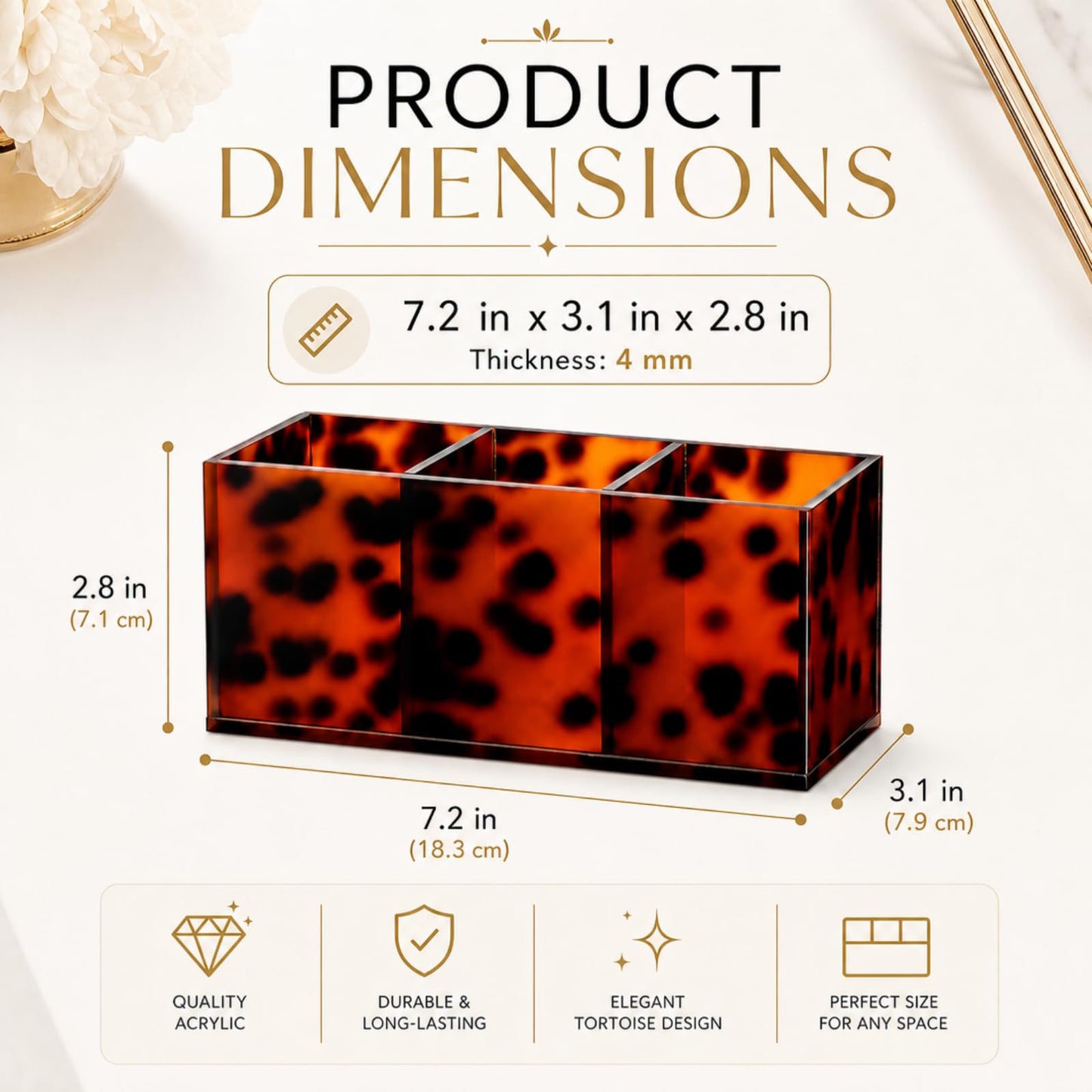 Novabright Acrylic Tortoise Tray Makeup Brush Organizer Tortoise Shell Acrylic Pen Holder Pencil Organizer Clear Cosmetic Brushes Storage with 3 Slots
