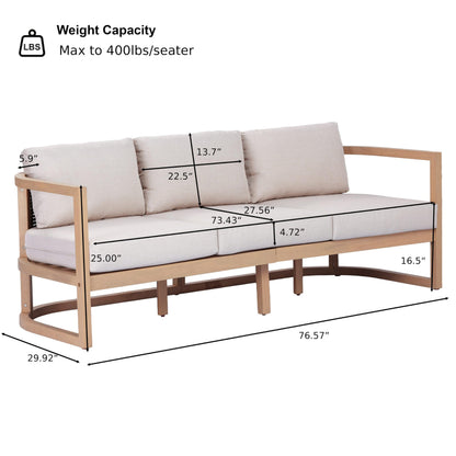Merax 4 Piece Rattan Woven Paito Conversation Set, All-Weather Acacia Wood 3 Seater Sofa,2 Club Armchairs with Coushions, 1 Coffee Table for Porch, Lawn, Backyard, Balcony, Light Teak