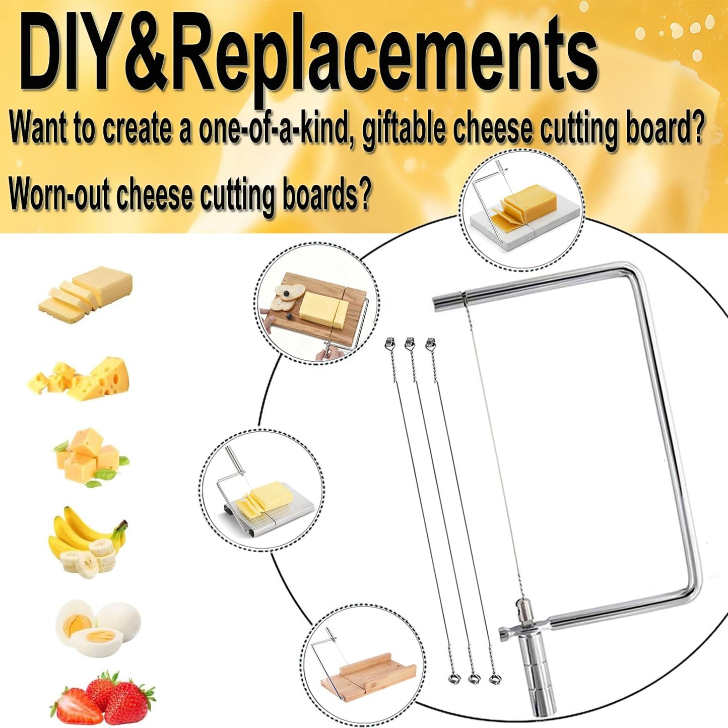 Cheese Cutter Board Accessories Kitchen Knife Marble Block Cheese Slicer Stainless Steel Components DIY for Making Giftable Cheese Cutting Boards with Hardware Cheese Slicer Kit,(2Slicer+8Wires)7in