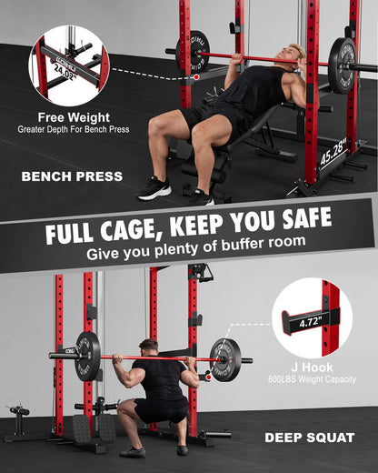 GOIMU RH01 Power Cage Rack, 2000LBS Squat Rack with with Cable Crossover System&LAT Pull Down System, Multi-Function Workout Cage for Home&Garage Gym (Red, RH01 Power Cage)